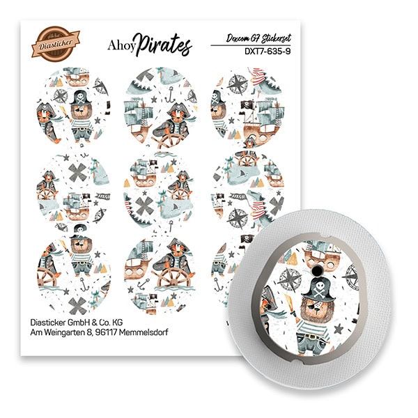Aufkleber-Set mit Piratenmotiven für ein medizinisches Gerät. Runde Aufkleber mit Piraten-Illustrationen und Produktinformationen.