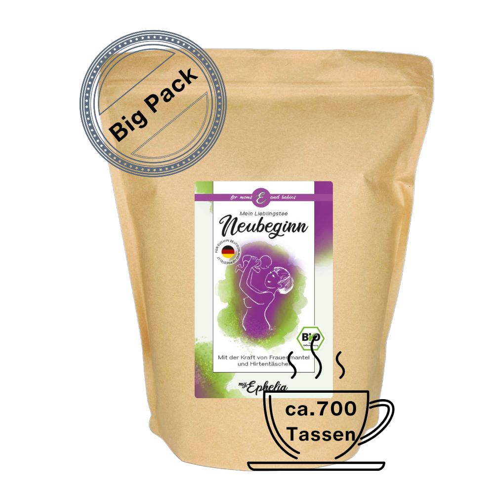 Beutel mit Aufdruck. Aufschrift: Mein Lieblingstee Neubeginn. Bio-Siegel. Big Pack. Braune Papierverpackung.