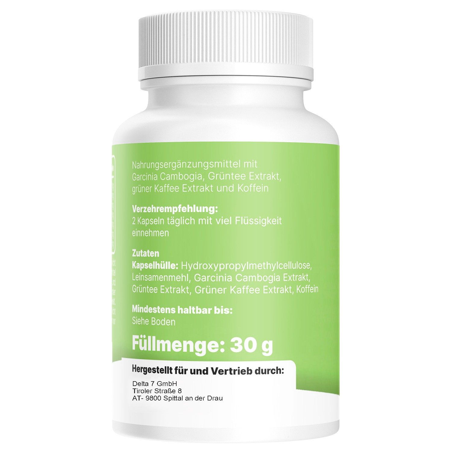 Rückseite einer weißen Flasche. Grüne Etikett mit Inhaltsangaben und Verzehrempfehlung. Füllmenge: 30 g.