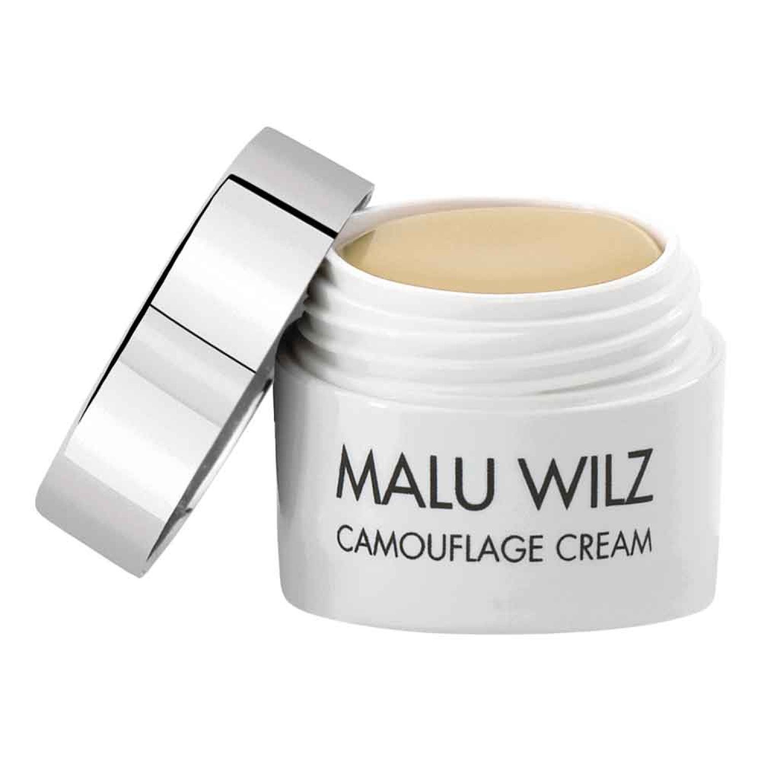 Creme-Tiegel mit Deckel. Aufschrift: Malu Wilz Camouflage Cream. Creme-Farbe: helles Olivgrün.