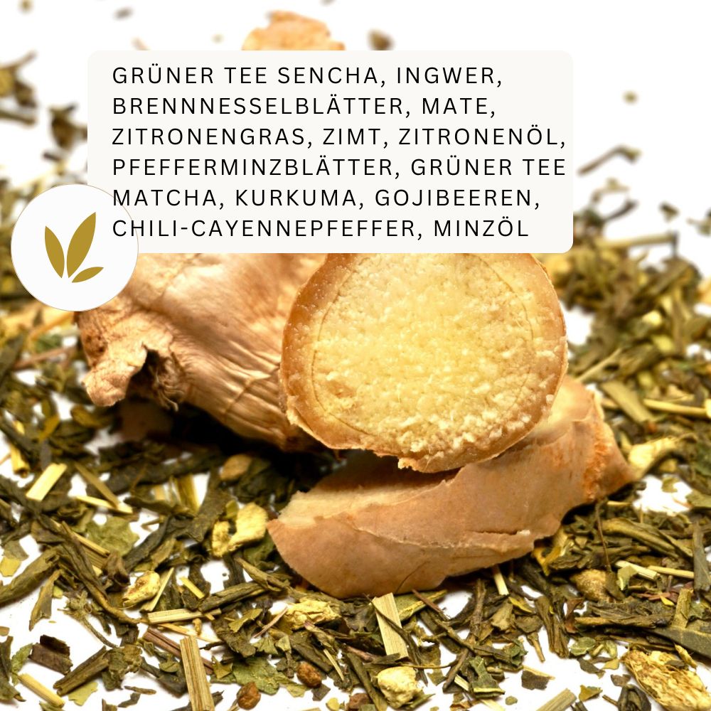 Grüner Tee Sencha, Ingwer, Brennnesselblätter, Mate, Zitronengras, Zimt, Zitronenöl, Pfefferminzblätter, Kurkuma, Gojibeeren, Chili-Cayennepfeffer, Minzöl.