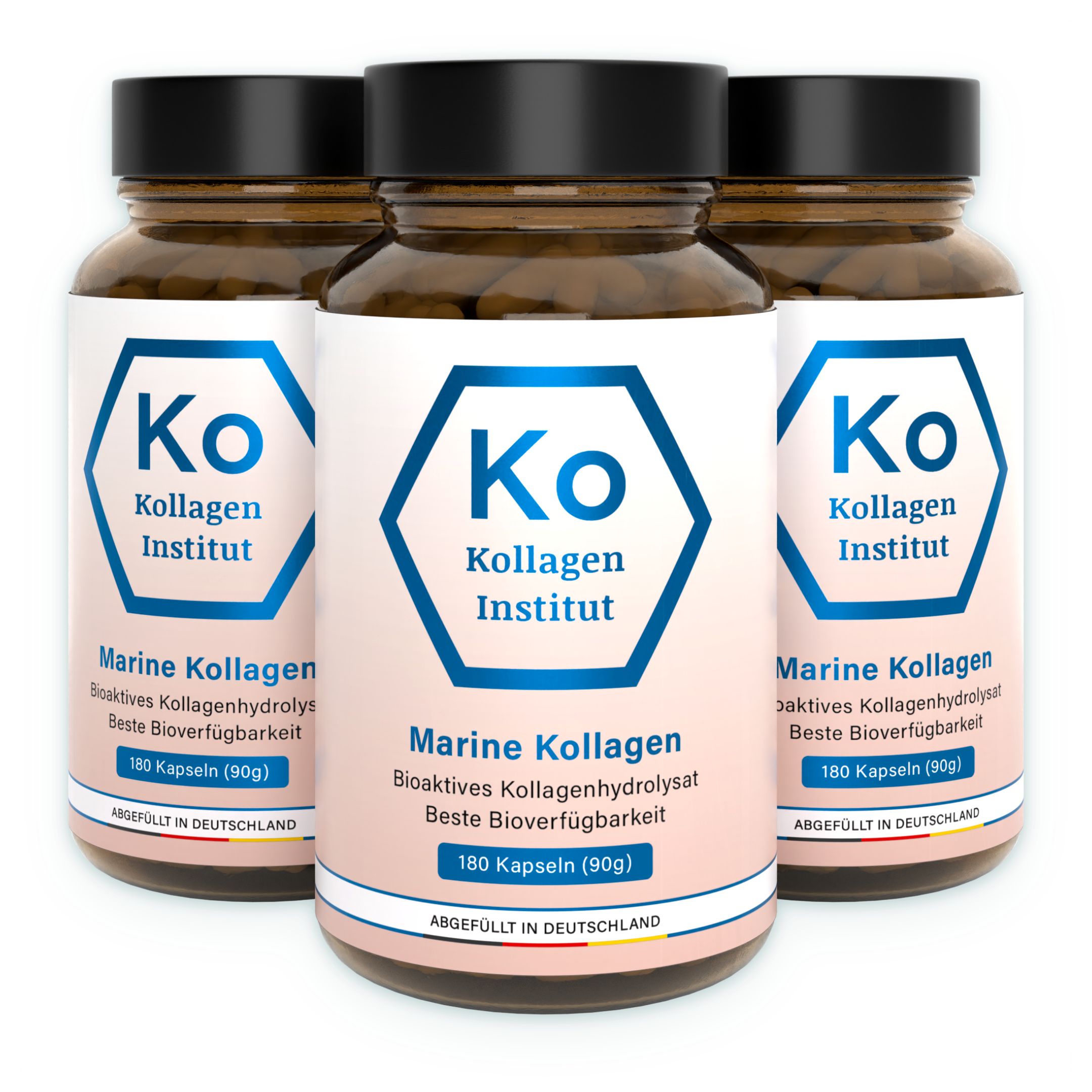 Drei Flaschen Kollagen Institut Marine Kollagen Kapseln mit je 180 Kapseln.