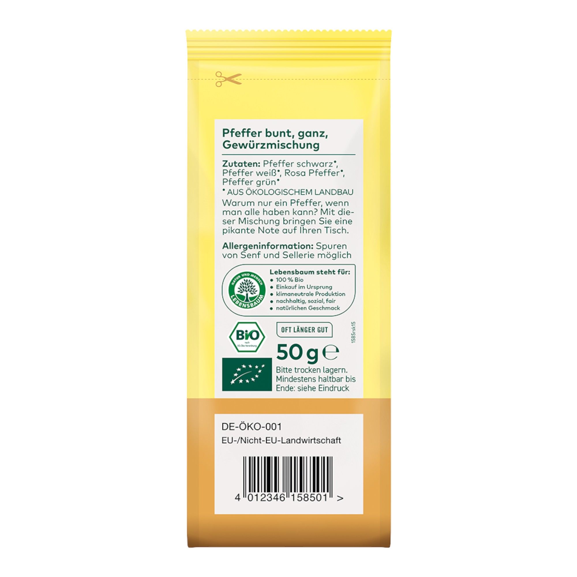 Bio Bunter Pfeffer Gewürzmischung, 50g Beutel mit Bio-Siegel und EU-Nicht-EU-Landwirtschaft Kennzeichnung.