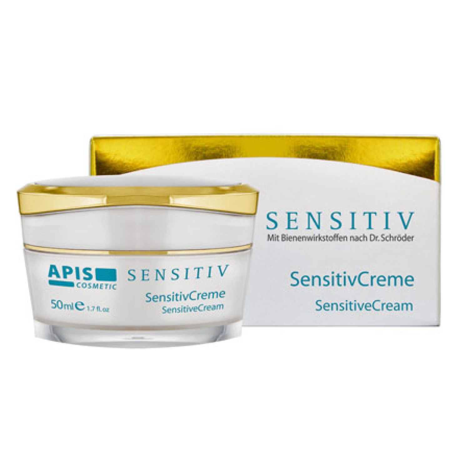 Creme-Tiegel und Verpackung. Aufschrift: APIS COSMETIC SENSITIV SensitivCreme. Mit Bienenwirkstoffen.