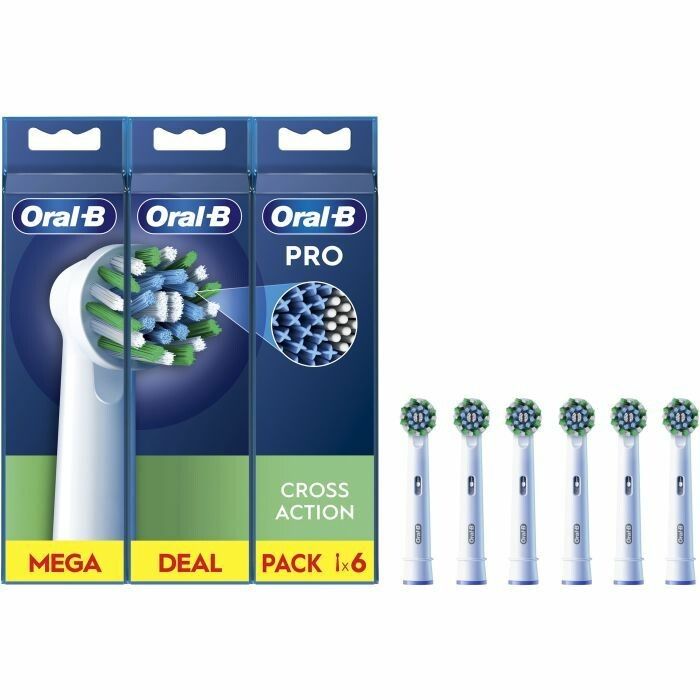 Zahnbürstenaufsätze, 6 Stück, in Verpackung. Marke Oral-B, Modell CrossAction. Blaue und grüne Borsten. "MEGA DEAL PACK 1x6" Text.
