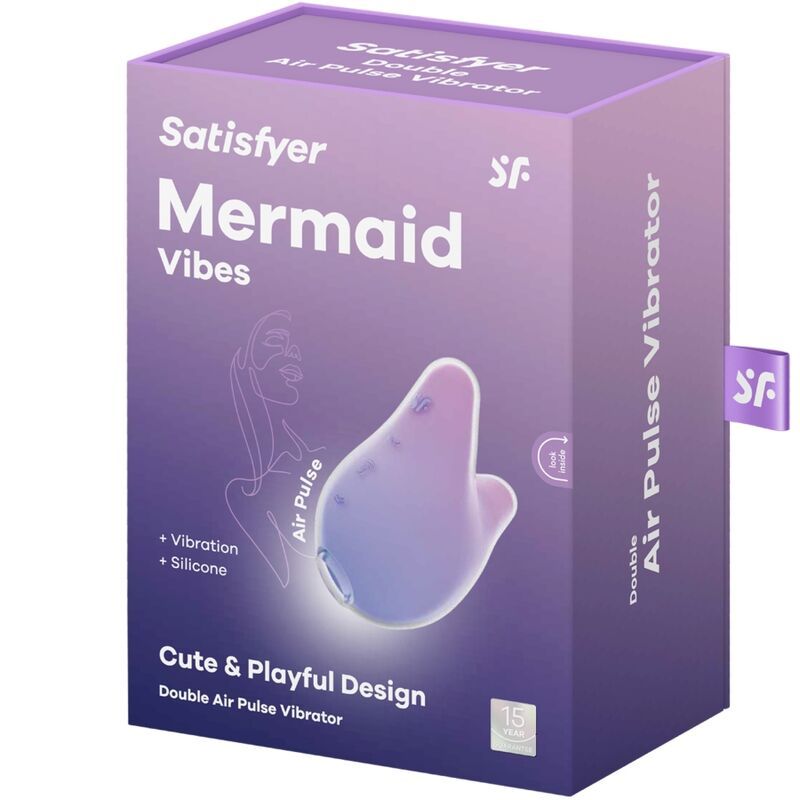 Verpackung mit Produktabbildung. Produktname: Satisfyer Mermaid Vibes. Text: Cute & Playful Design, Air Pulse Vibrator.