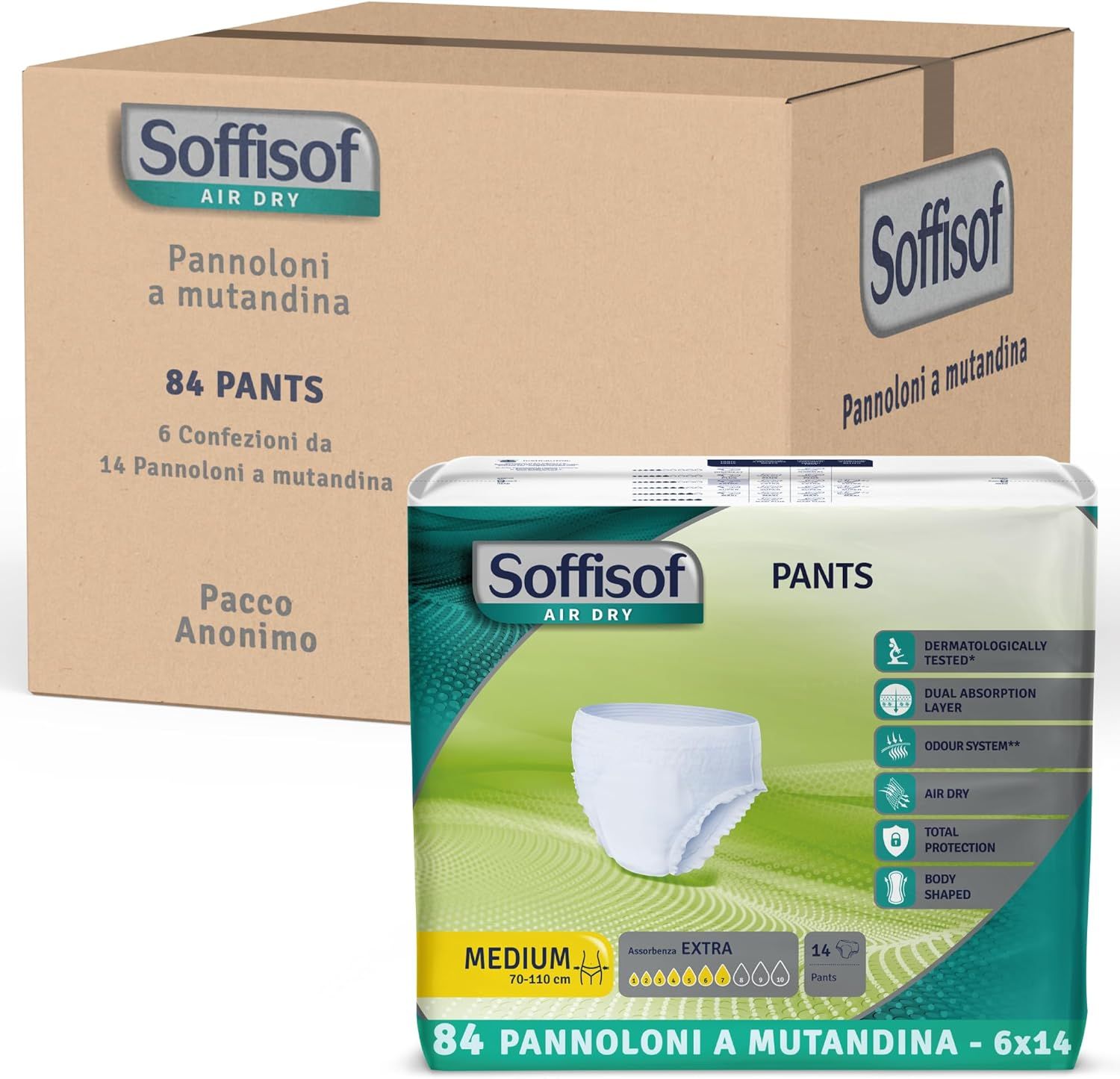 Karton mit Soffisof Pants Extra Windelhosen. Enthält mehrere Packungen. Produktverpackung sichtbar.