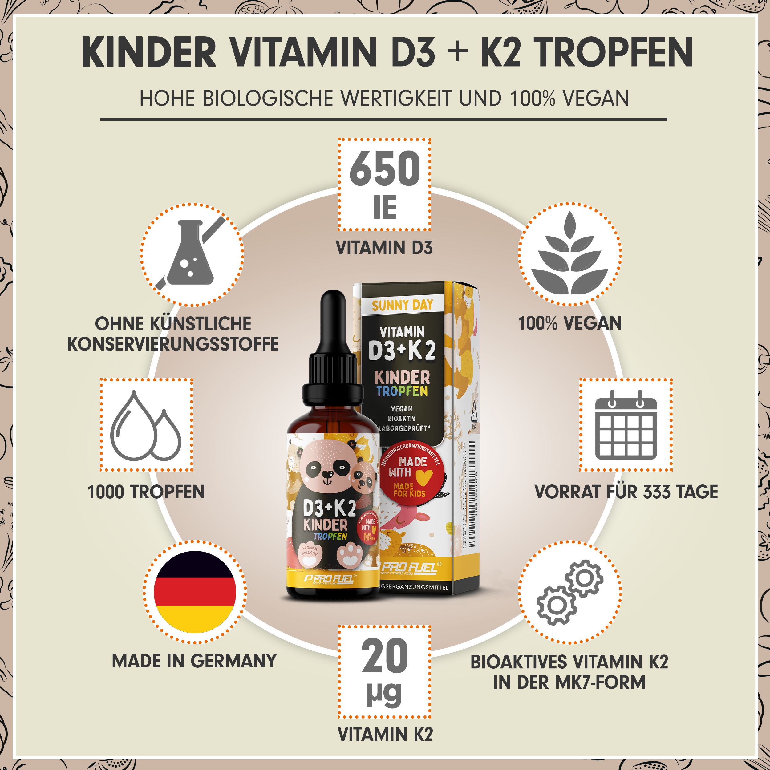 ProFuel - Vitamin D3 + K2 KINDER Tropfen 1000x für 333 Tage