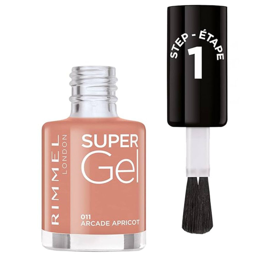 Nagellackflasche Rimmel Super Gel, Farbe 011 Arcade Apricot, mit Pinsel und schwarzem Deckel.