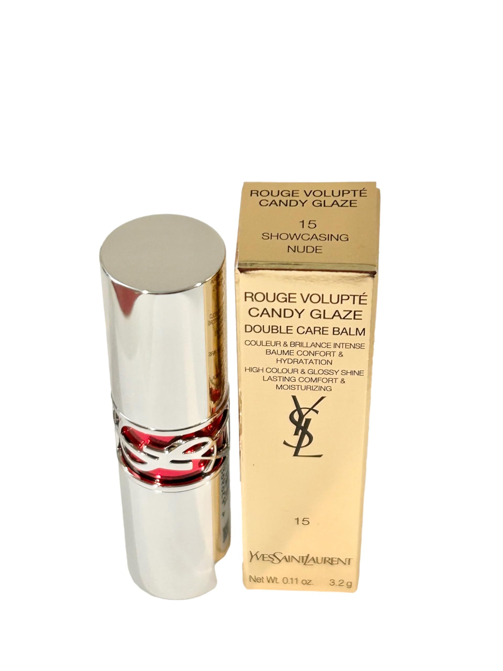 Lippenstift mit silberner Hülse und Verpackung. Aufschrift: Rouge Volupté Candy Glaze 15. YSL-Logo.