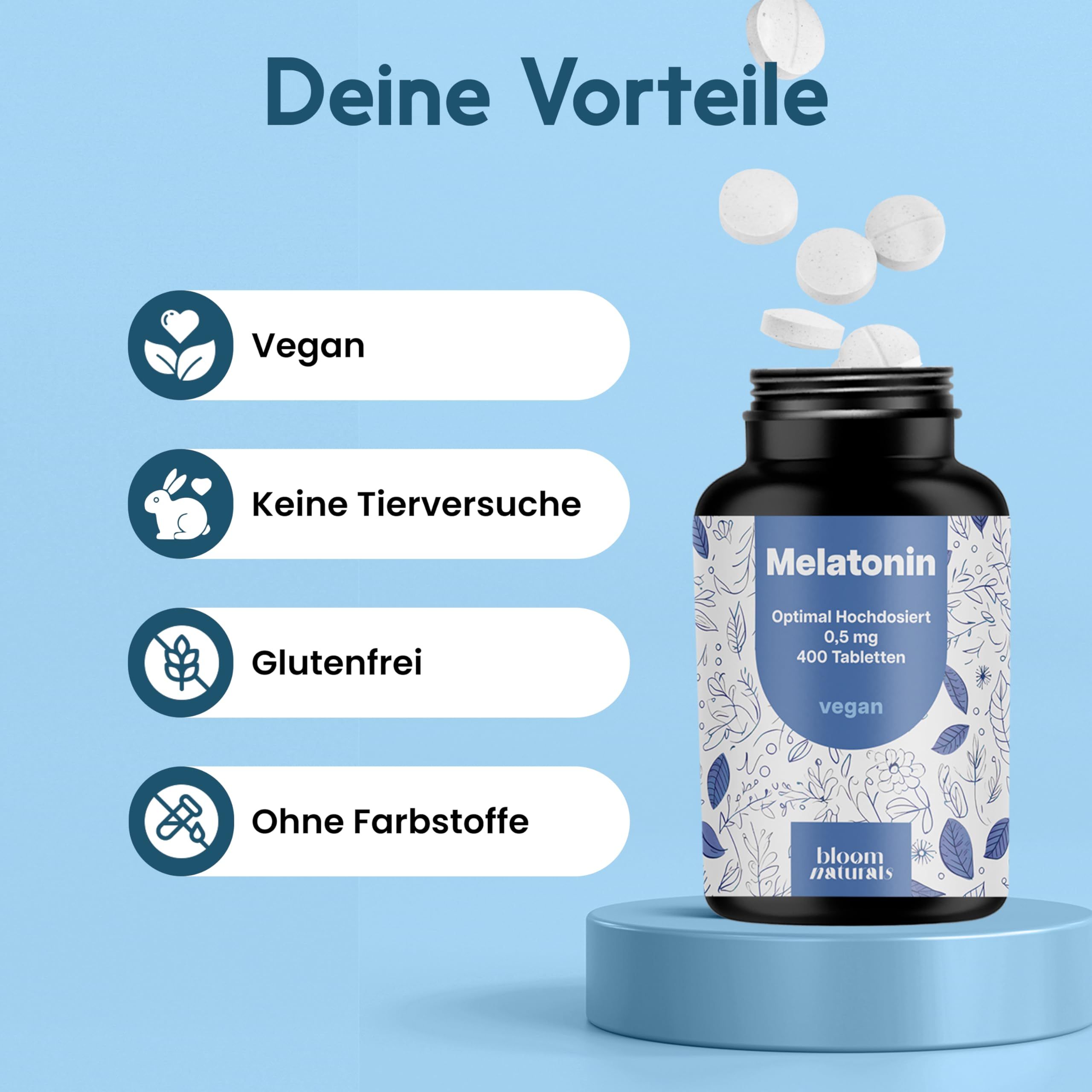 Vorteile: Vegan, keine Tierversuche, glutenfrei, ohne Farbstoffe. Flasche mit Melatonin.