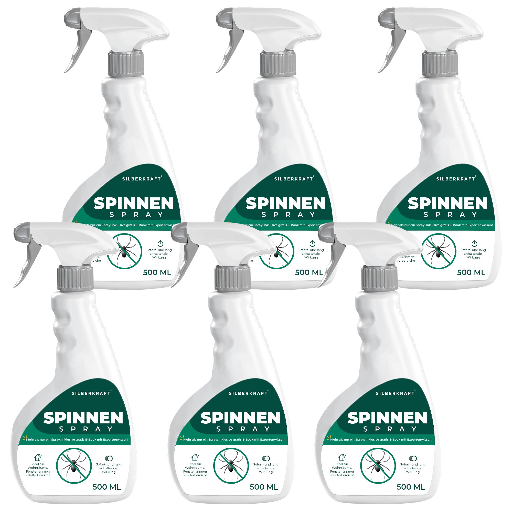 Sechs Sprühflaschen Spinnen Spray, jeweils 500 ml, mit Sprühkopf.