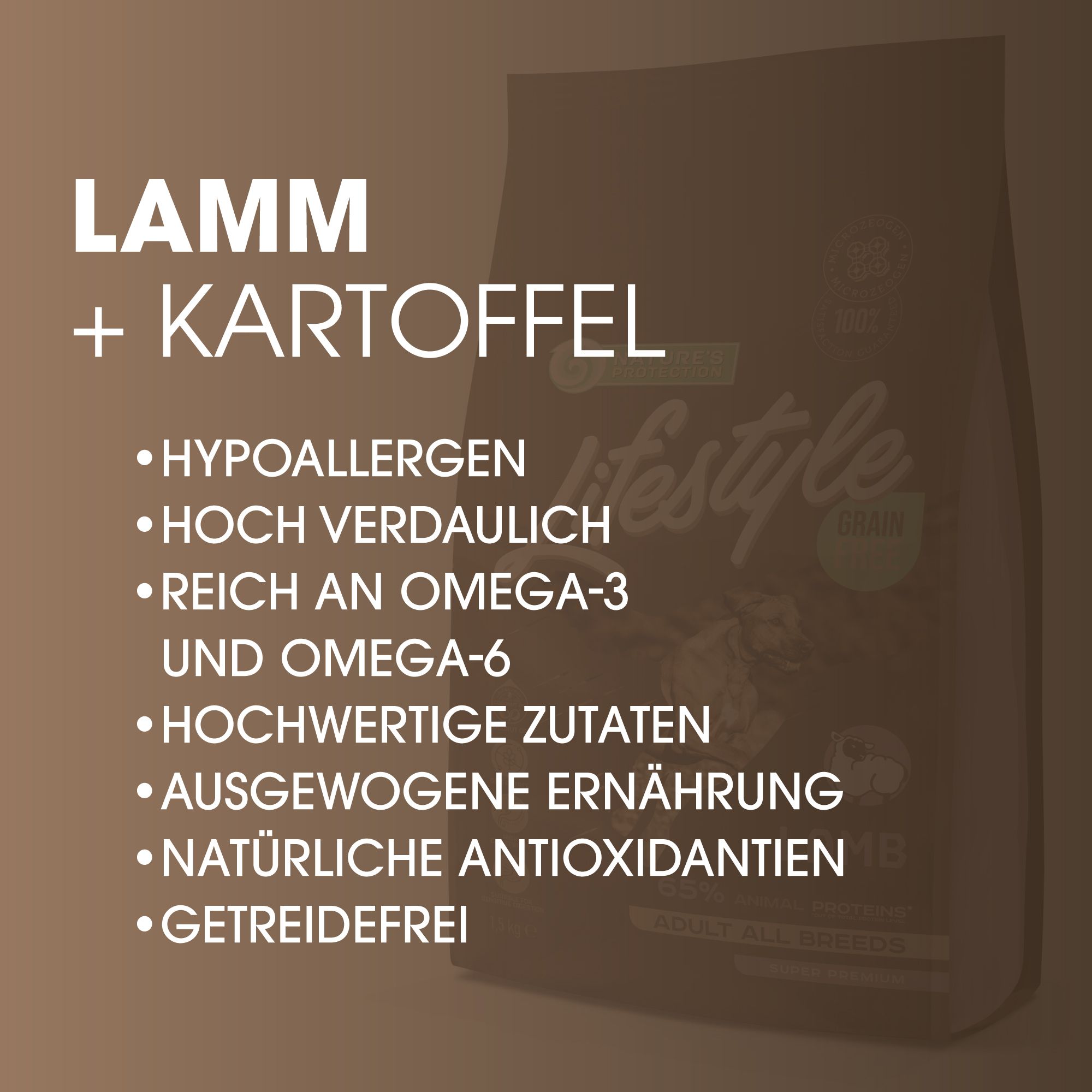 Brauner Hintergrund mit Text. Text: Lamm + Kartoffel, hypoallergen, hoch verdaulich, reich an Omega-3 und Omega-6, uvm.