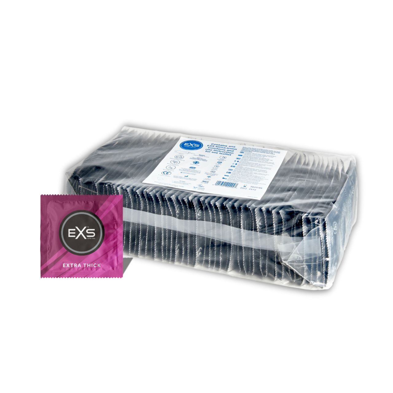 Großpackung mit vielen EXS Extra Thick Kondomen, einzeln verpackt.