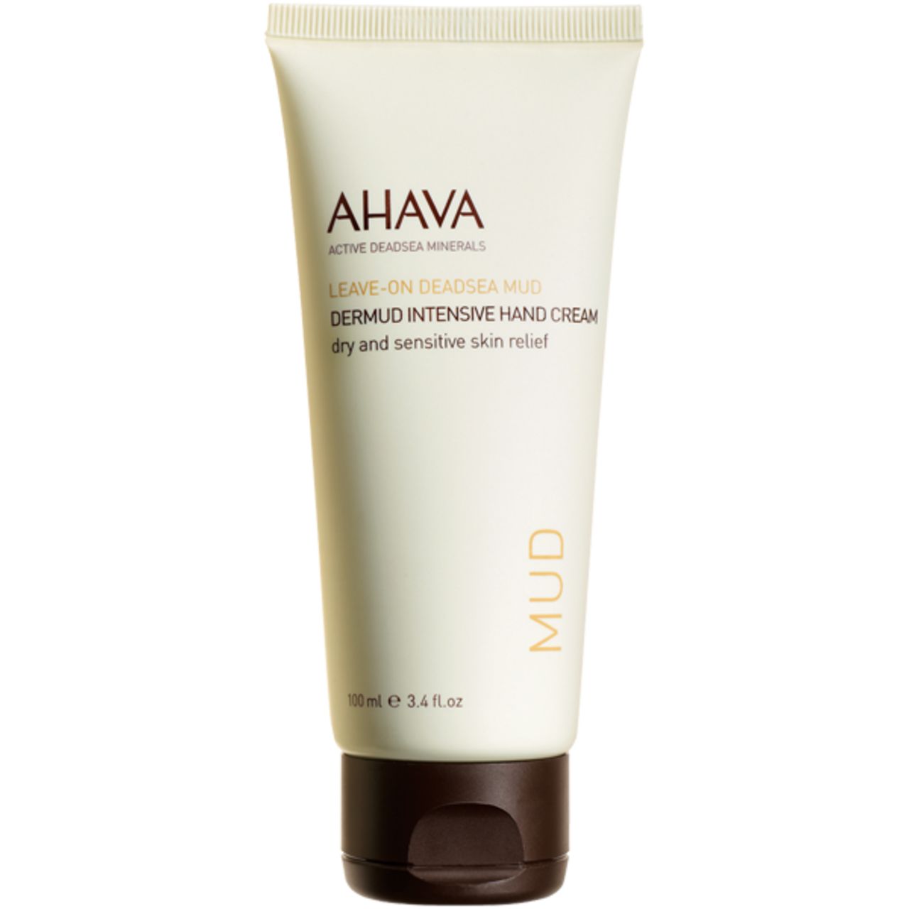 Creme-Tube mit AHAVA-Logo und Schriftzug. Produktbezeichnung: Dermud Intensive Hand Cream. Schwarzer Verschluss, beige Tube.