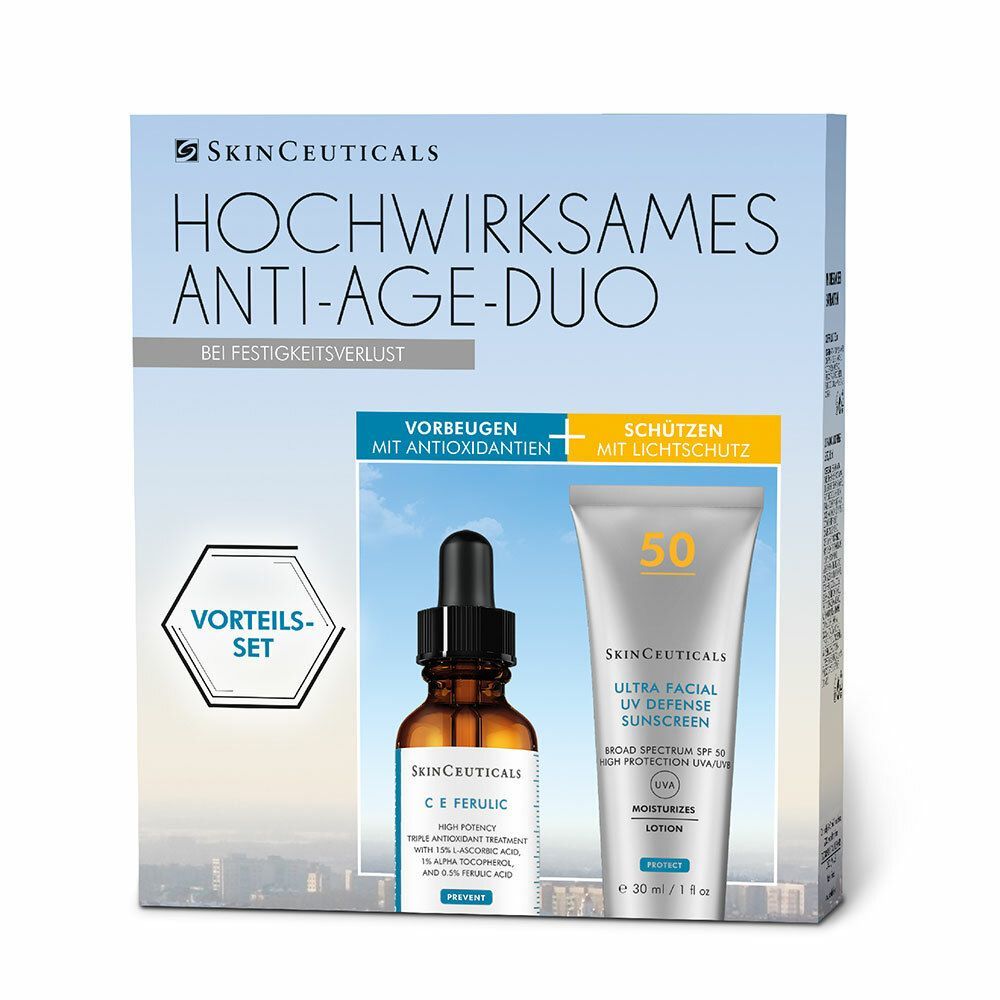Skinceuticals Anti-Age Duo. Set mit Serum und Sonnencreme. Verpackung mit Produktnamen und Logo.