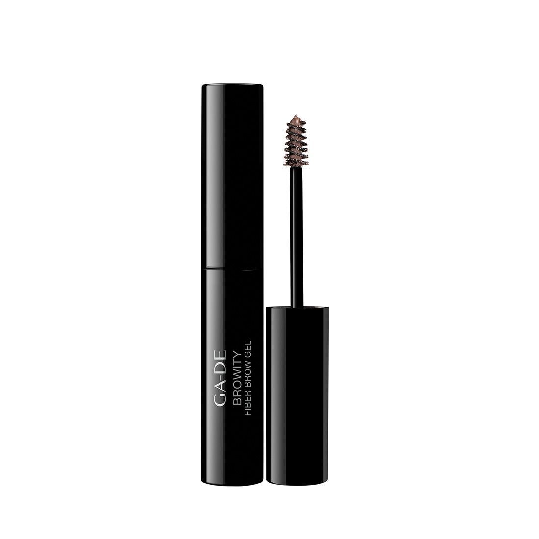 Schwarze Tube mit braunem Bürstchen. Aufschrift: GA-DE BROWITY FIBER BROW GEL.