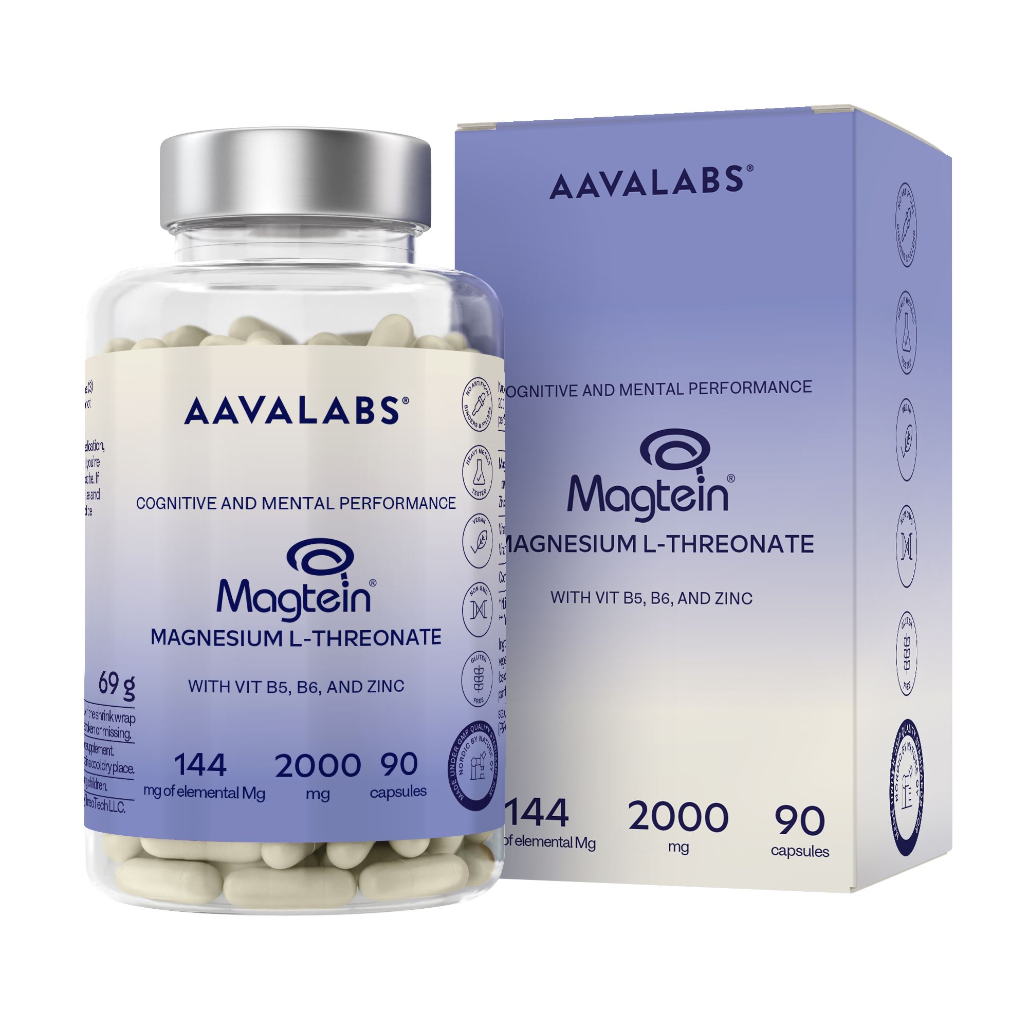Aavalabs Magnesium L-Threonat | Magtein® Patentiert 2000 mg Mit Zink & Vitamin B5/B6 90 St Kapseln