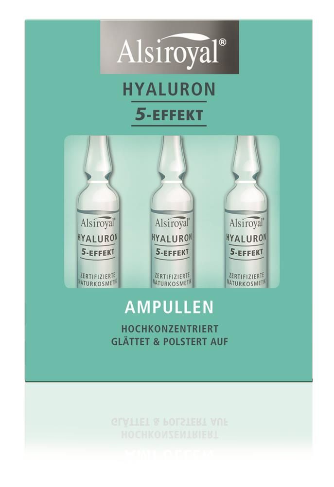 Verpackung mit drei Ampullen. Aufschrift: Alsiroyal Hyaluron 5-Effekt. Zertifizierte Naturkosmetik. Ampullen, hochkonzentriert, glättet & polstert auf.