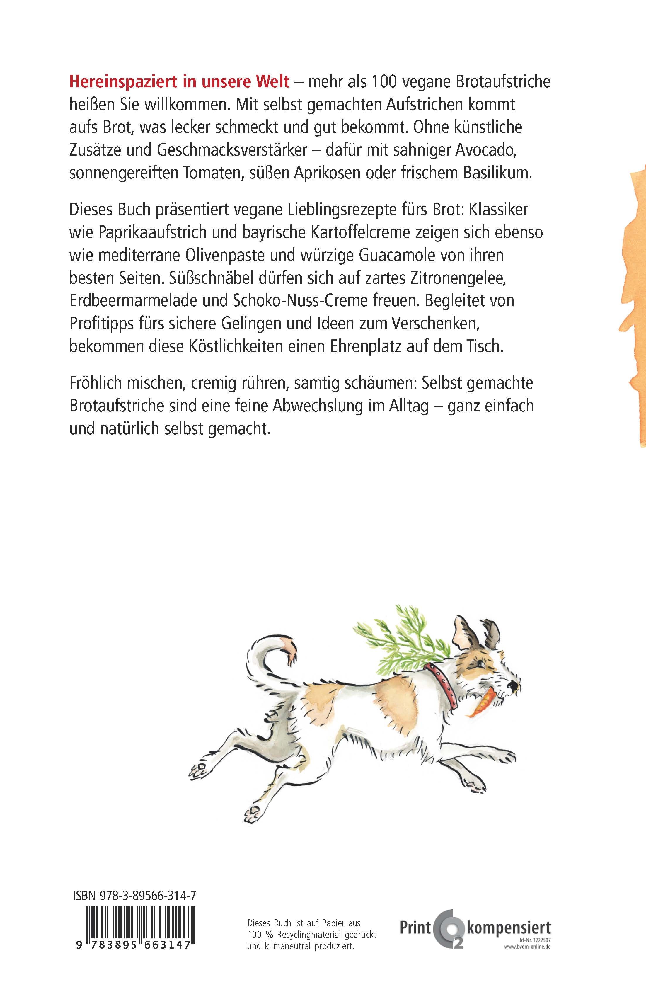Rückseite eines Buches mit Text und einem Hund, der eine Karotte trägt. ISBN-Code und Logo des Verlags sind sichtbar.