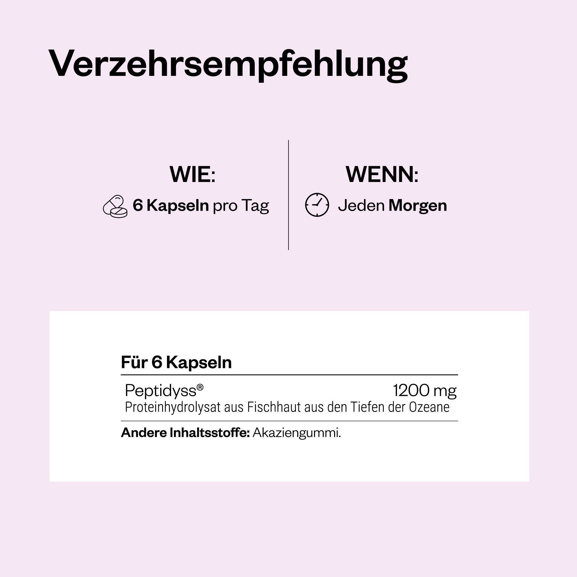 Text: 6 Kapseln pro Tag, jeden Morgen. Für 6 Kapseln: 1200 mg Peptidyyss®. Andere Inhaltsstoffe: Akaziengummi.