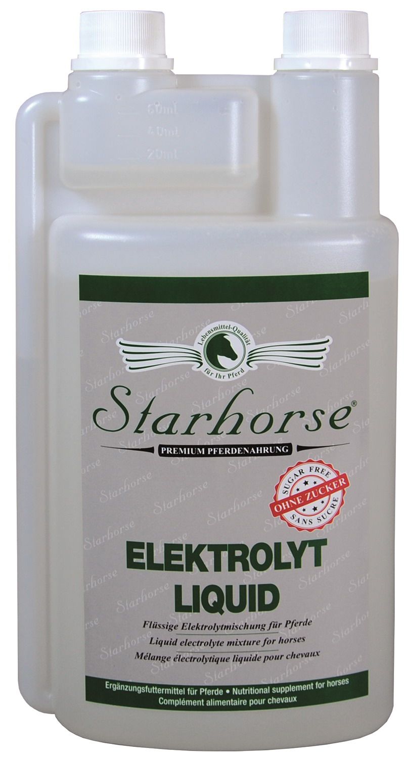 Eine weiße Flasche mit zwei Verschlüssen und einer Messkammer. Auf dem Etikett steht "Starhorse Elektrolyt Liquid" und "Ohne Zucker".