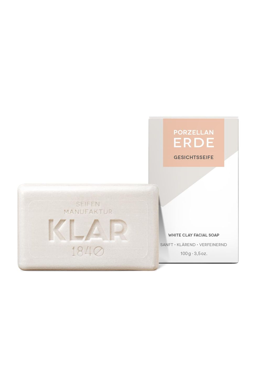 Rechteckige Seife mit Prägung "KLAR 1840". Verpackung mit Text "GESICHTSSEIFE" und "WHITE CLAY FACIAL SOAP".