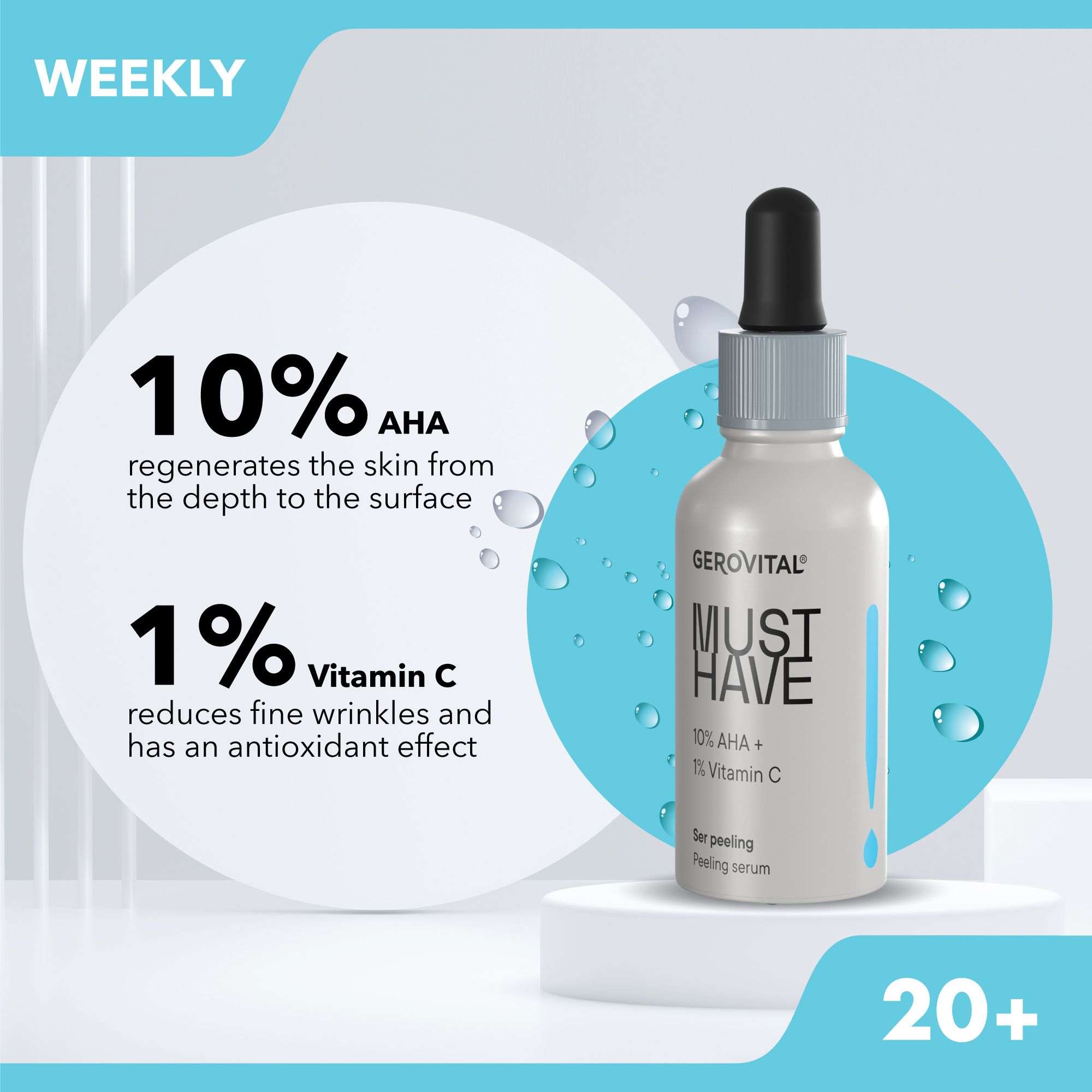 Gerovital Serum-Flakon mit Tropfer und Text. Aufschrift: MUST HAVE, 10% AHA + 1% Vitamin C. Text über Inhaltsstoffe.