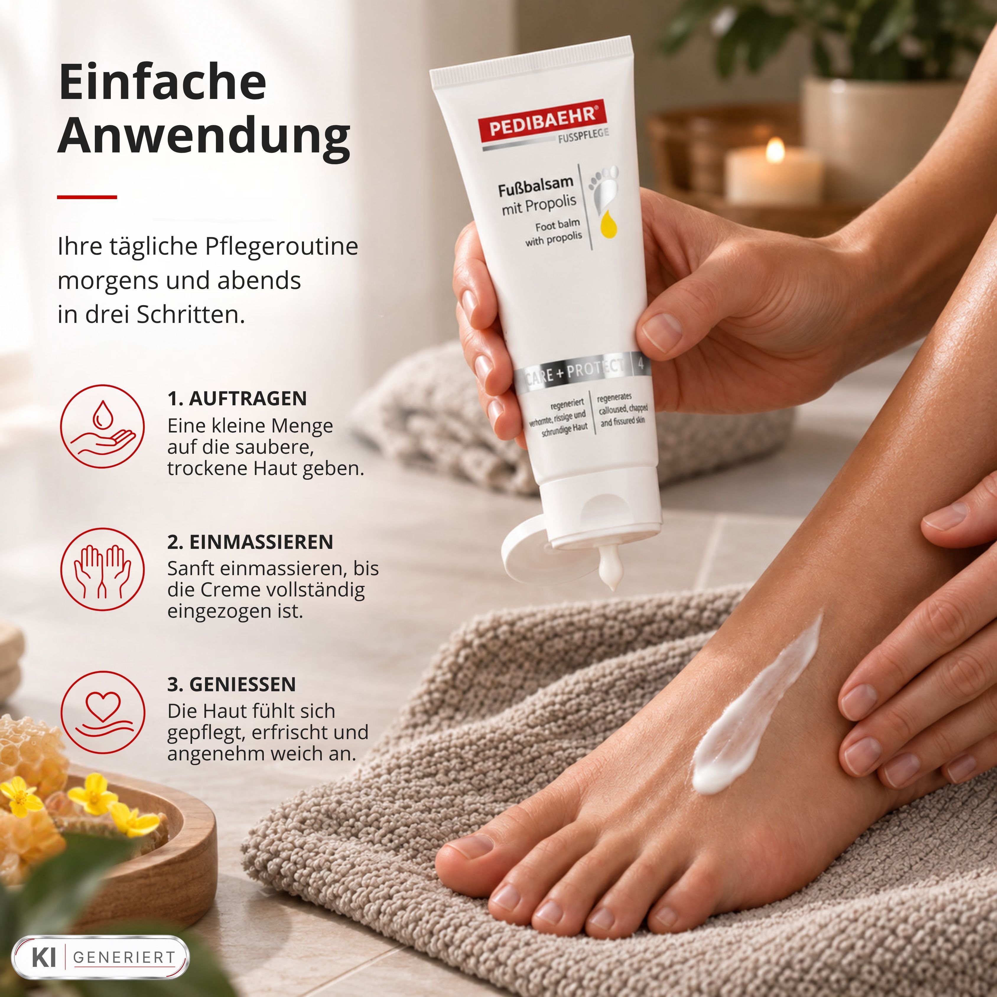 Anwendung von Pedibaehr Fußbalsam mit Propolis auf einem Fuß.