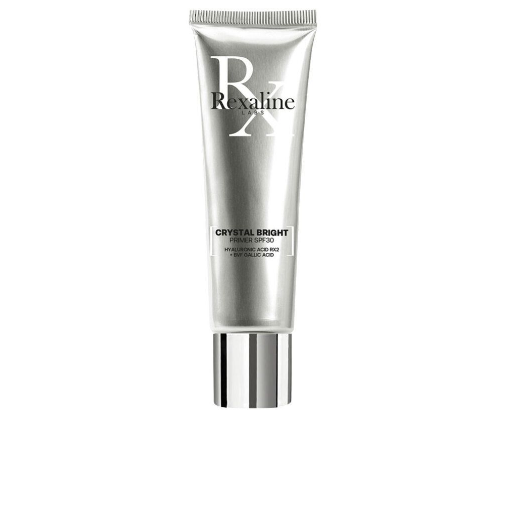 Silberfarbener Creme-Tube mit Rexaline-Logo und Crystal Bright Primer SPF30. Enthält Hyaluronsäure und Vitamin C.
