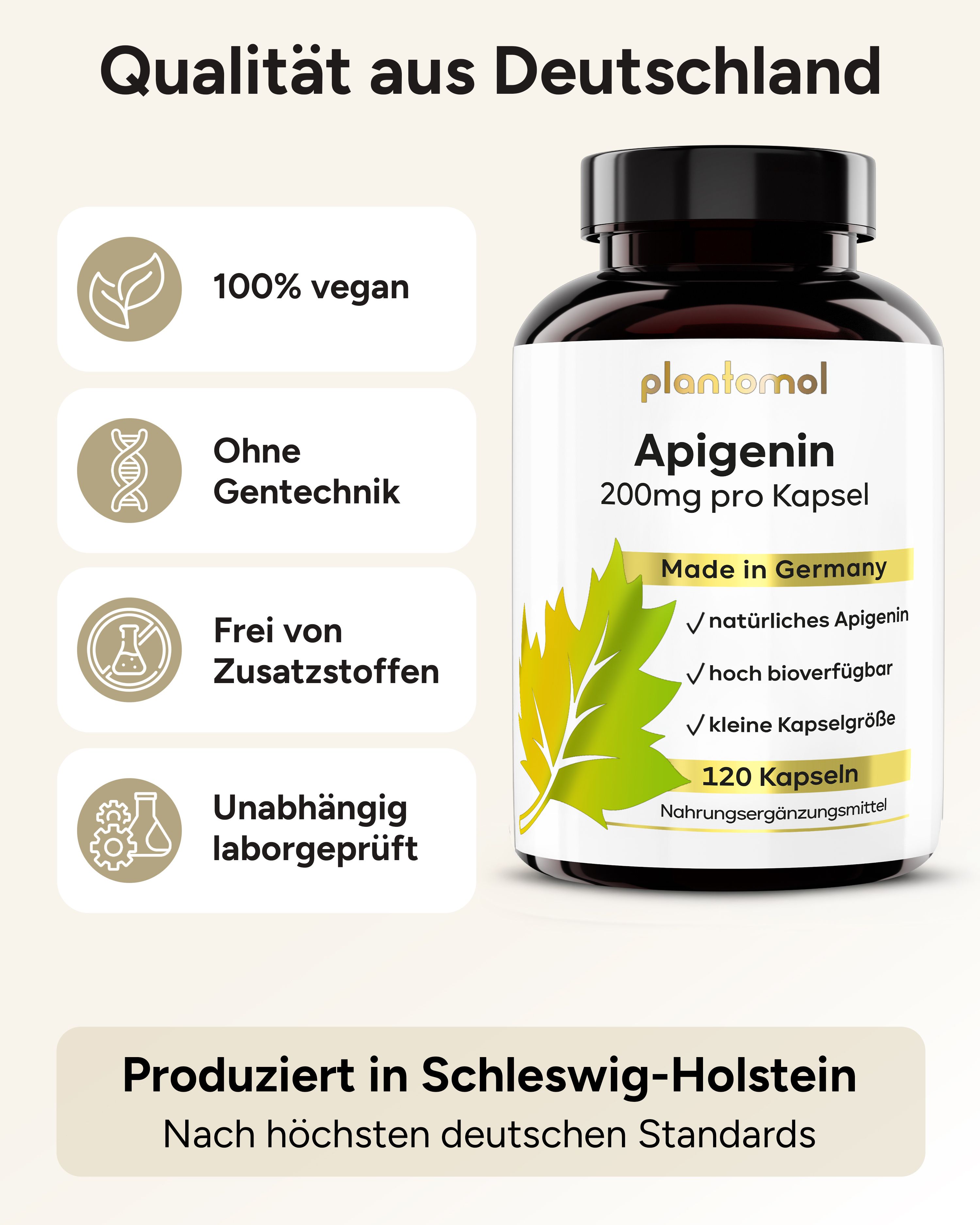 Produktflasche. 100% vegan, ohne Gentechnik, frei von Zusatzstoffen, laborgeprüft. 120 Kapseln. Made in Germany.