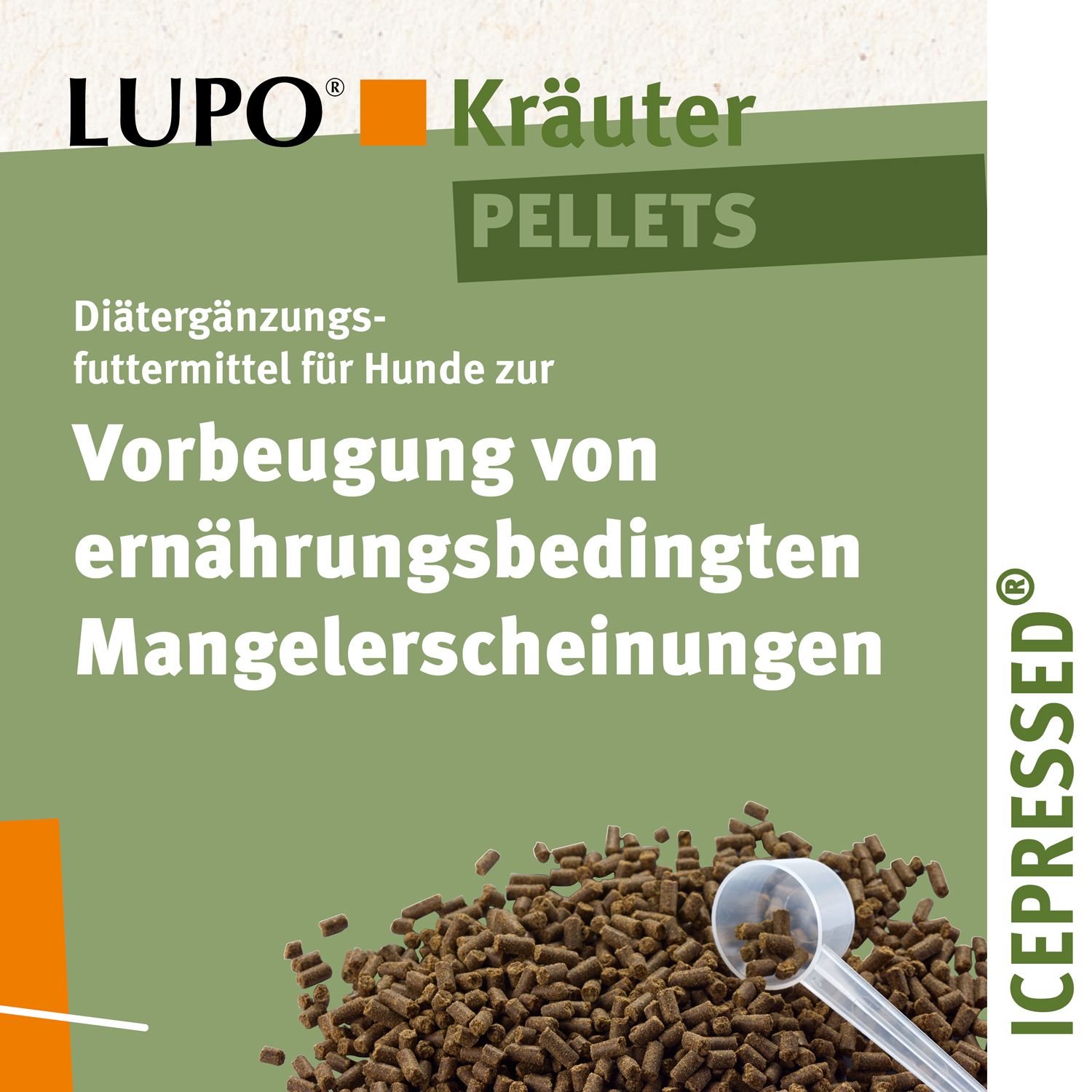 Grüne Verpackung mit Text: LUPO Kräuter Pellets. Diätergänzungsfuttermittel für Hunde. Braune Pellets und Messlöffel.