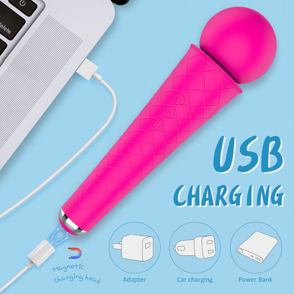 Pinkfarbener Massagestab mit kugelförmigem Kopf und kegelförmigem Griff. USB-Aufladung. Magnetischer Ladekopf, Adapter, Car Charging, Power Bank.