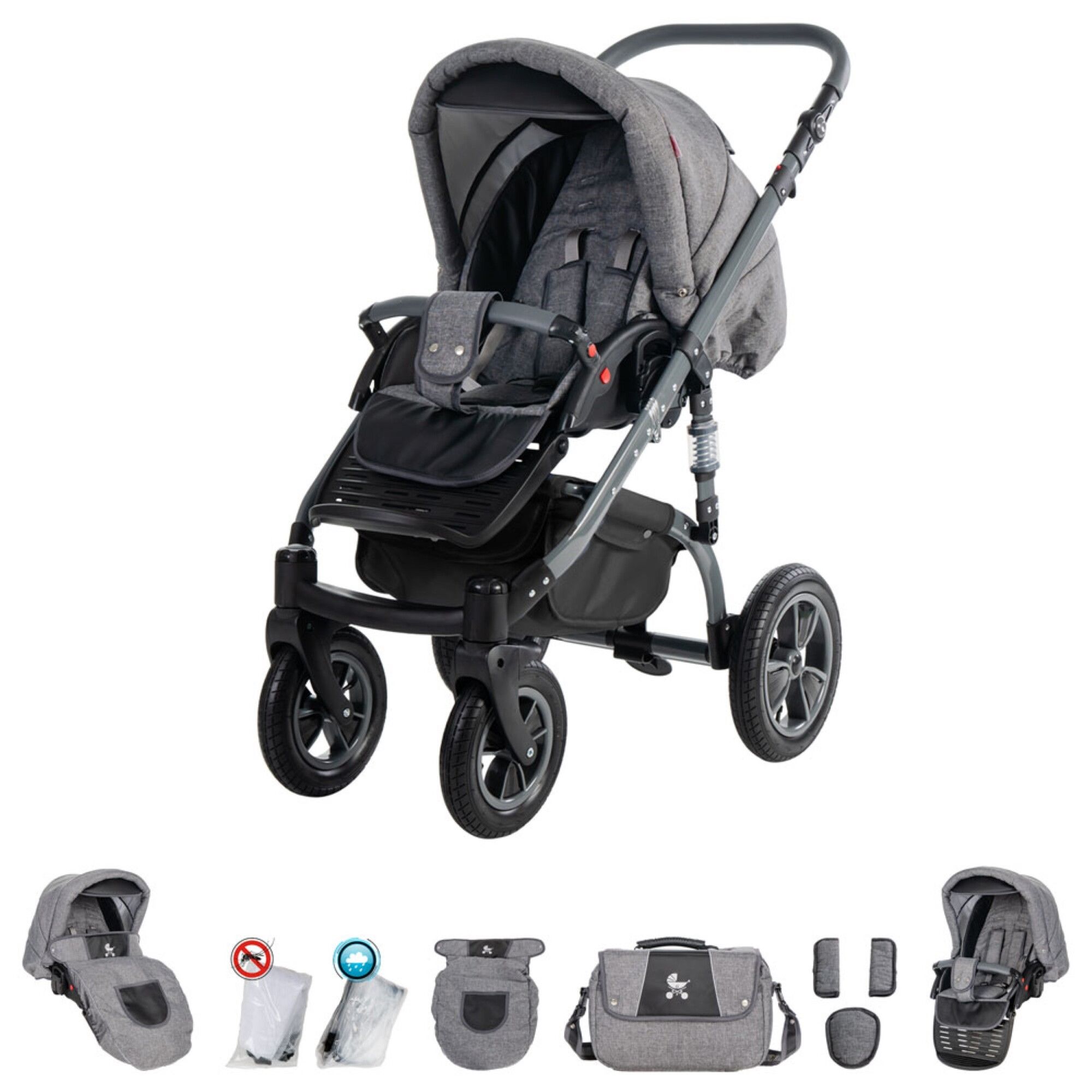 Grauer Kinderwagen mit Luftreifen. Enthält Sportsitz, Babyschale, Zubehör und Wickeltasche. Drei Räder, schwarzer Rahmen.