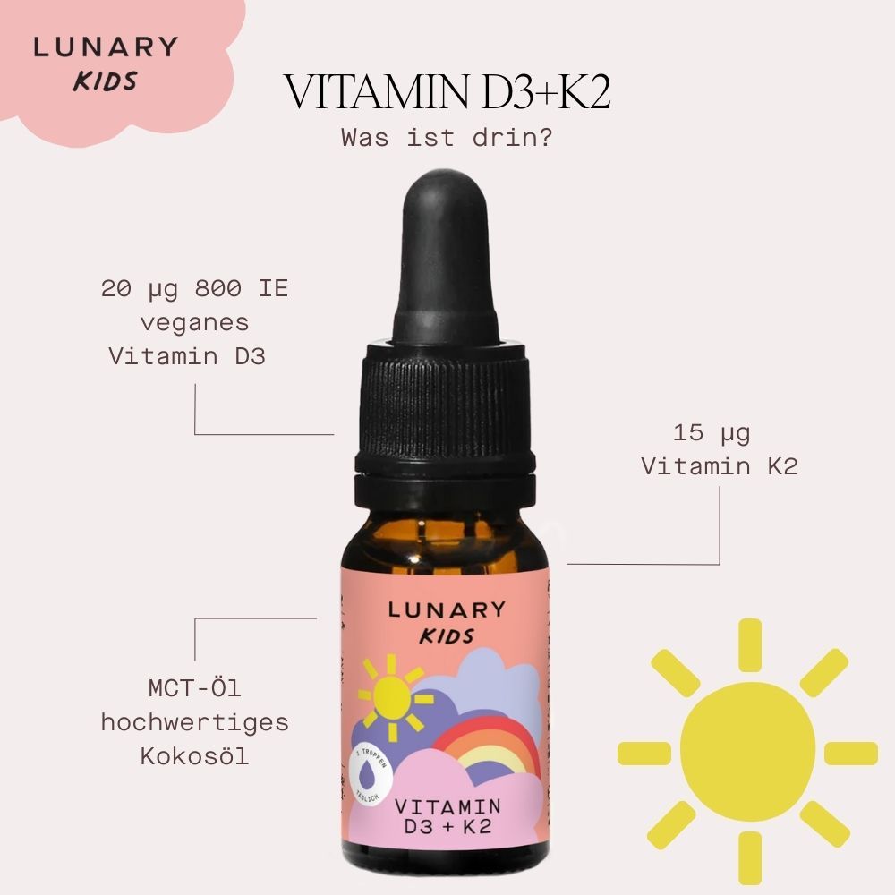 Braune Glasflasche mit Tropfer. Etikett mit LUNARY KIDS Vitamin D3+K2. Enthält Vitamin D3 und K2.