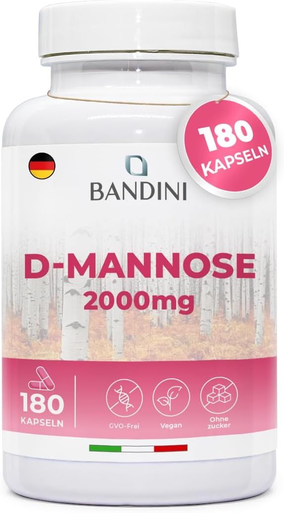 Bandini D-Mannose Kapseln Flasche mit 180 Kapseln. Aufschrift: D-Mannose 2000mg. Icons: CVO-Frei, Vegan, Ohne Zucker.