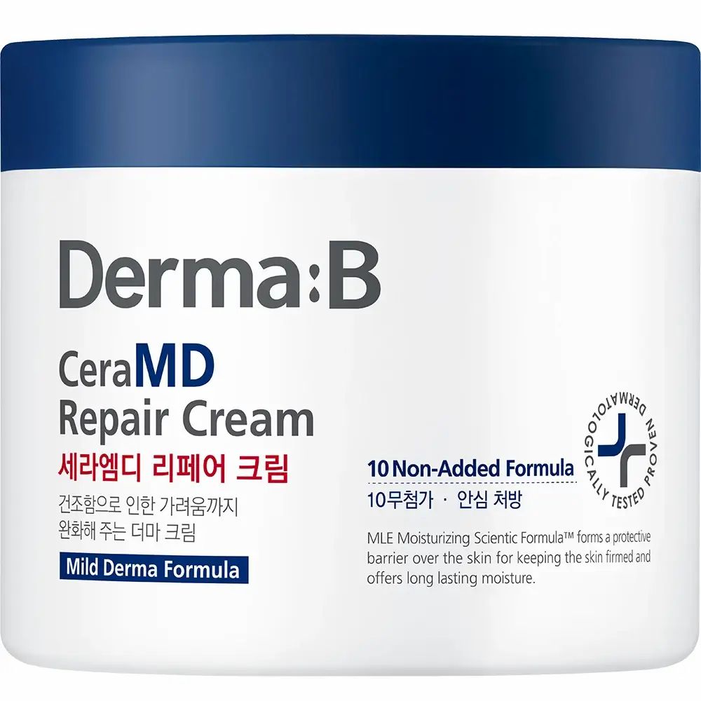 Weißer Tiegel mit blauem Deckel. Aufschrift: Derma:B CeraMD Repair Cream. Text in mehreren Sprachen. Dermatologisch getestet.
