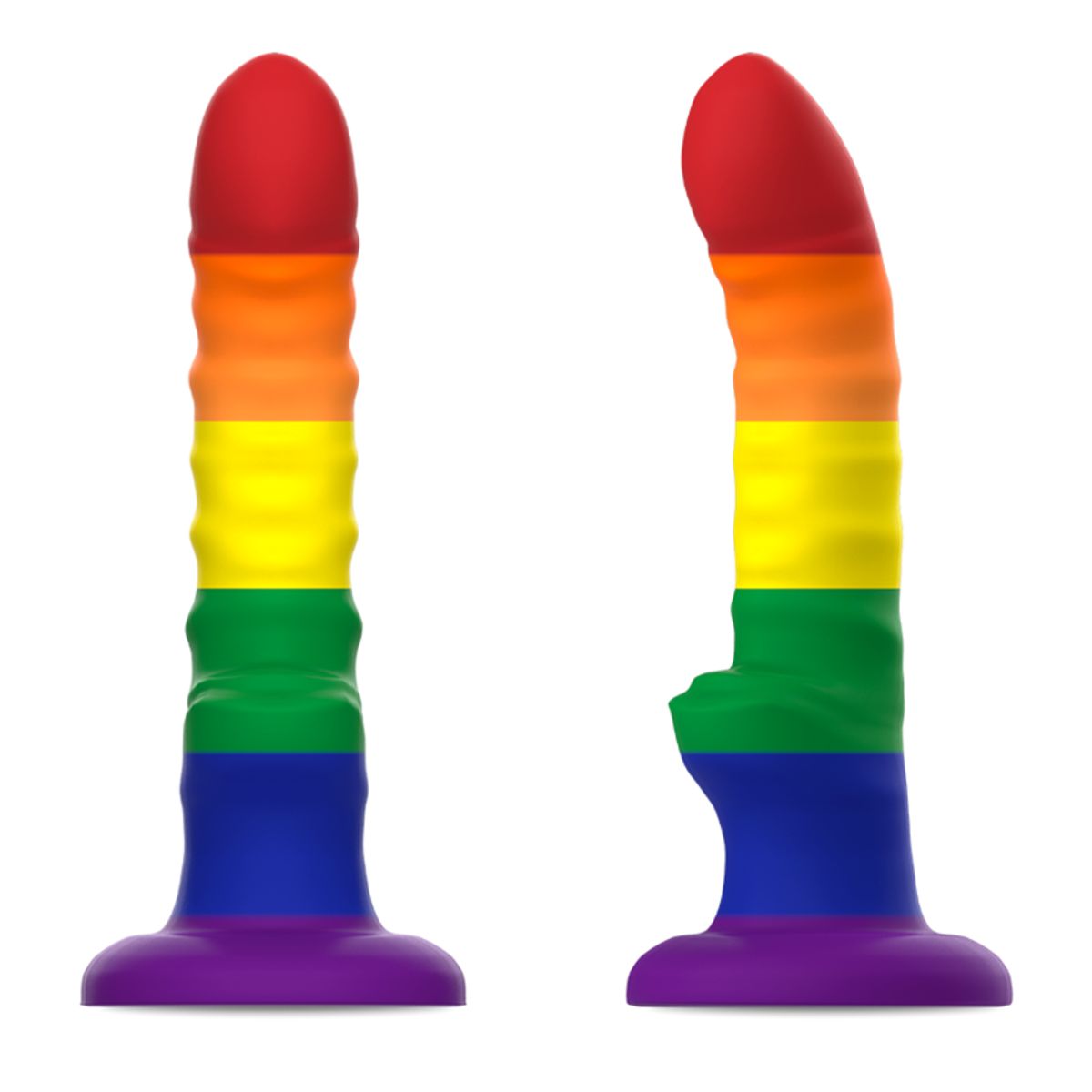 Zwei Ansichten eines Regenbogen-Dildos. Mit geriffelter Oberfläche und Saugnapf.
