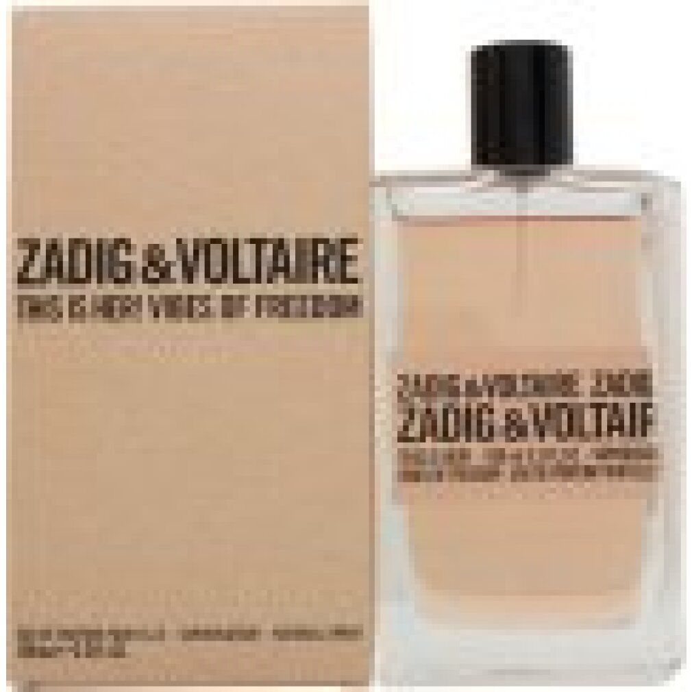 Parfümflakon mit Verpackung. Rechteckiger Glasflakon mit schwarzem Verschluss. Produktetikett und Verpackung.