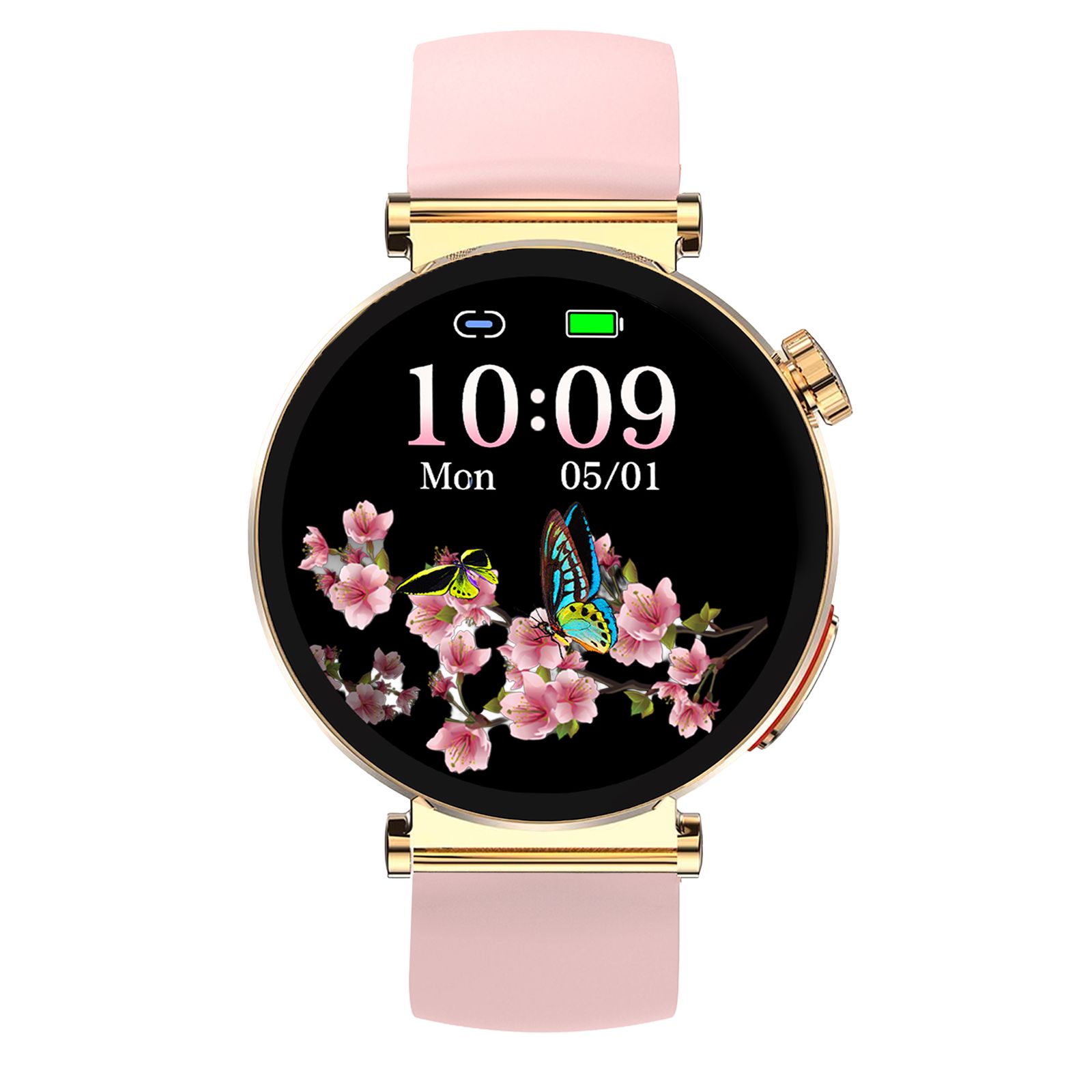 Rosafarbene Smartwatch mit goldenem Gehäuse und Armband. Auf dem Display: Uhrzeit, Datum und Blumenmuster.