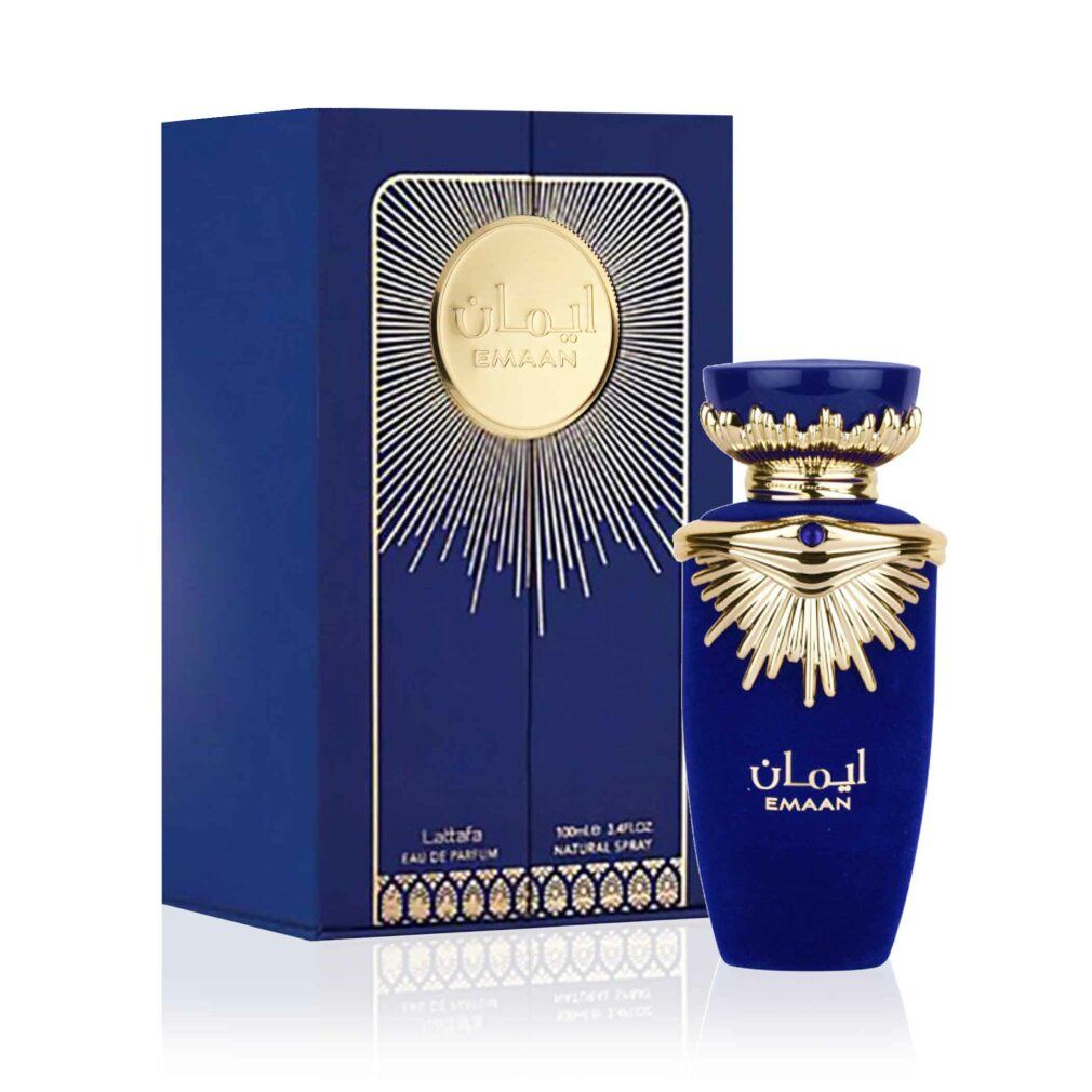 Blaue Parfümflasche mit goldener Verzierung und blauer Schachtel. Goldene Sonne und arabische Schrift. Marke Lattafa.