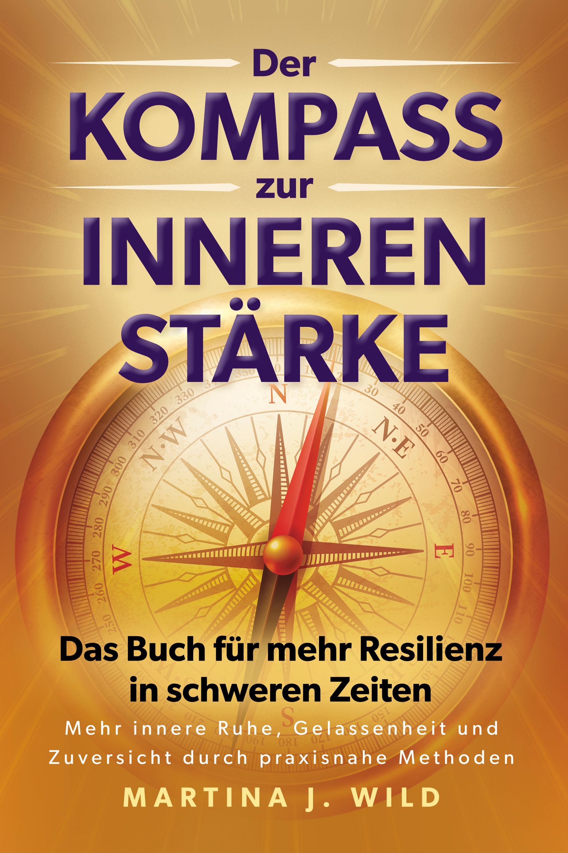 Buchcover: "Der Kompass zur inneren Stärke". Titel in Großbuchstaben, Kompass-Illustration. Autor: Martina J. Wild. Untertitel: Resilienz in schweren Zeiten.