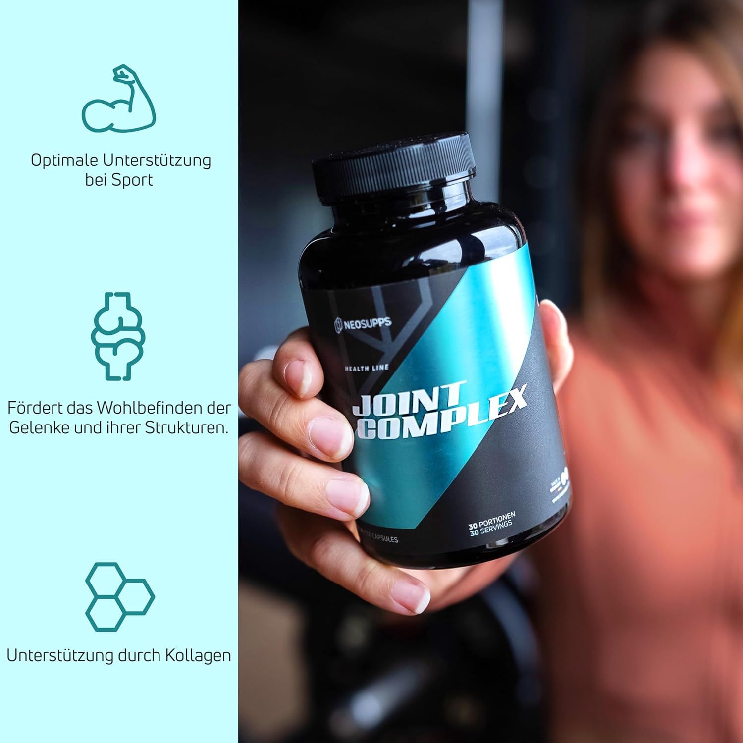 Schwarze Flasche mit "JOINT COMPLEX"-Aufschrift. Frau hält die Flasche. Text: Optimale Unterstützung bei Sport, Gelenke, Kollagen.