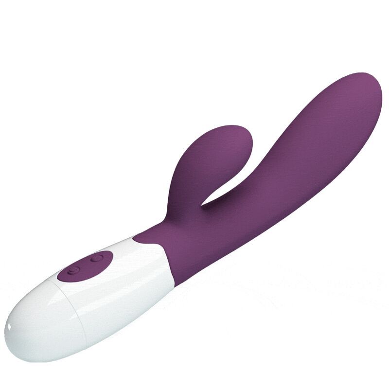Lila Vibrator mit weißem Kopf. Gebogene Form. Zwei Knöpfe. Schräge Ansicht.