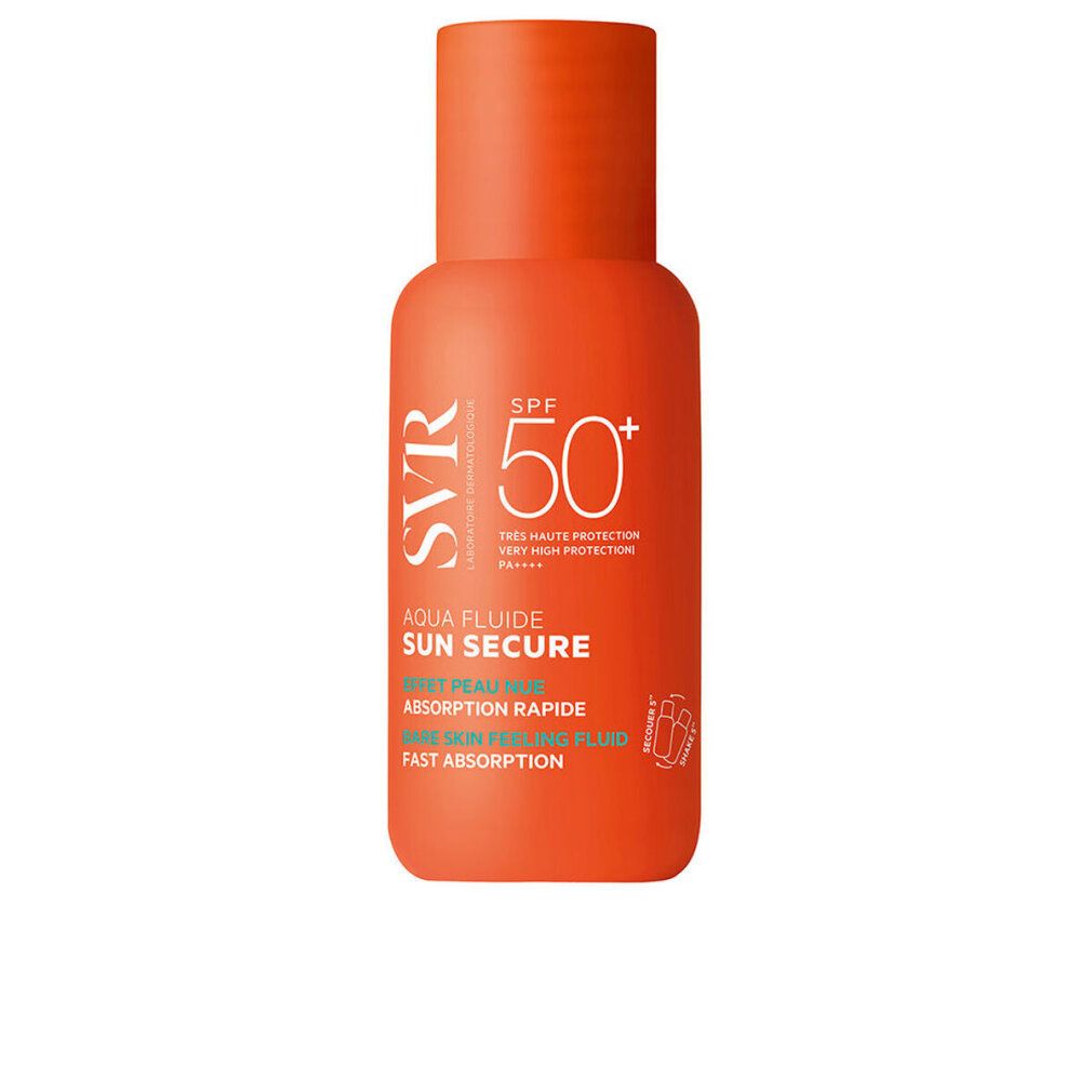 SVR Sun Secure Aqua Fluide LSF 50+ Flasche, Vorderseite mit Aufdruck.