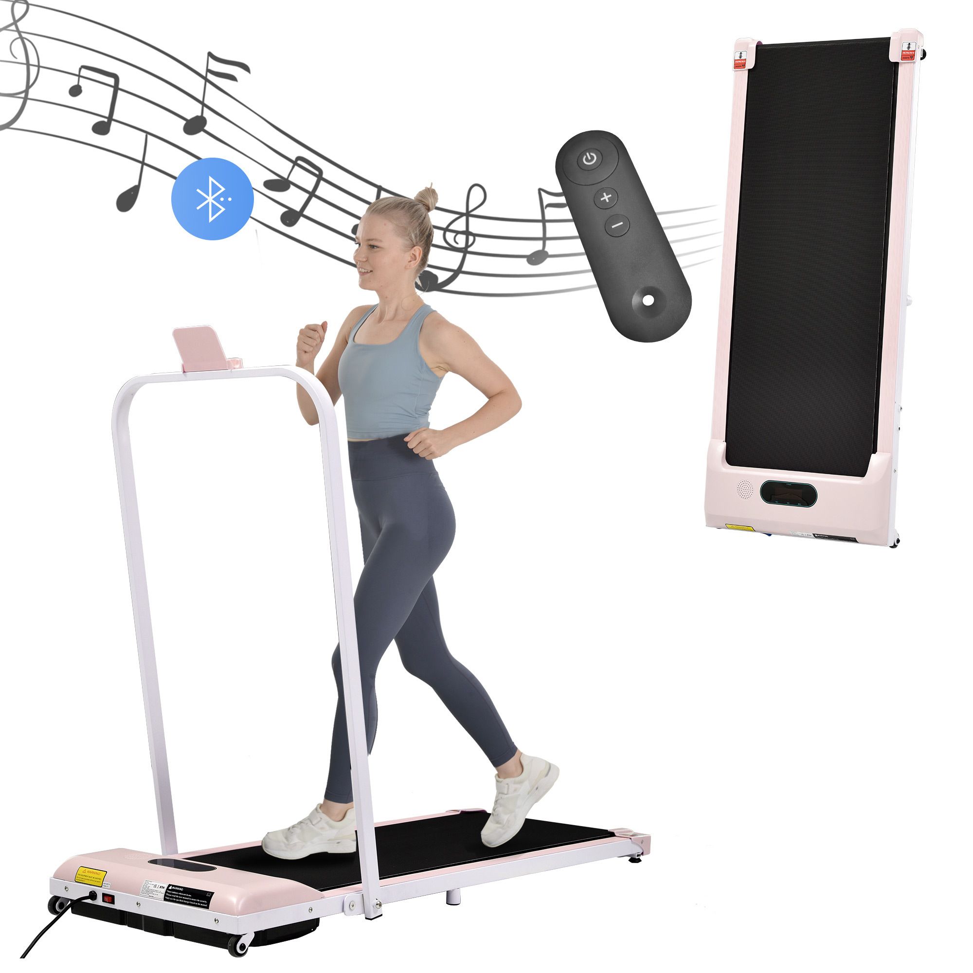 Rosa Laufband mit Fernbedienung und Bluetooth-Lautsprecher. Frau beim Laufen. Noten und Bluetooth-Symbol.