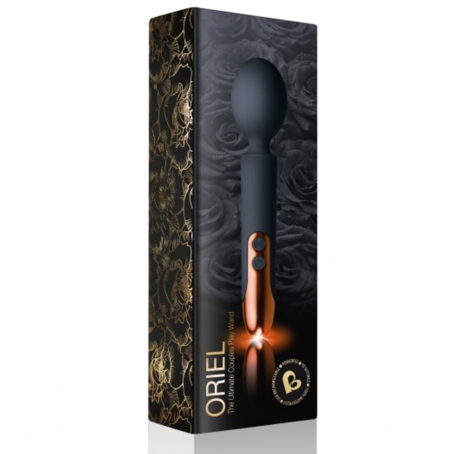 Verpackung mit Massagestab. Oriel-Logo. Schwarze Schachtel mit goldenen Rosen.