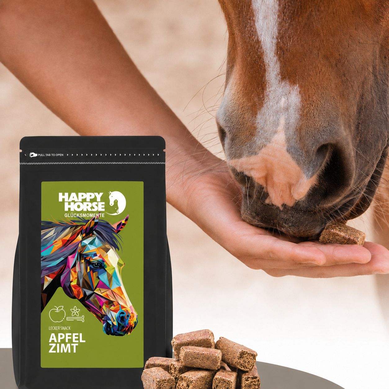 Eine Hand füttert ein Pferd mit Happy Horse Lecker Snack Apfel Zimt aus einer schwarzen Verpackung. Snacks liegen daneben.