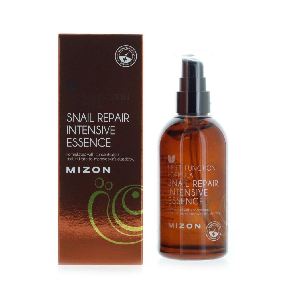 Braune Flasche und Verpackung. Beschriftung: Snail Repair Intensive Essence, MIZON. Mit Verpackung.