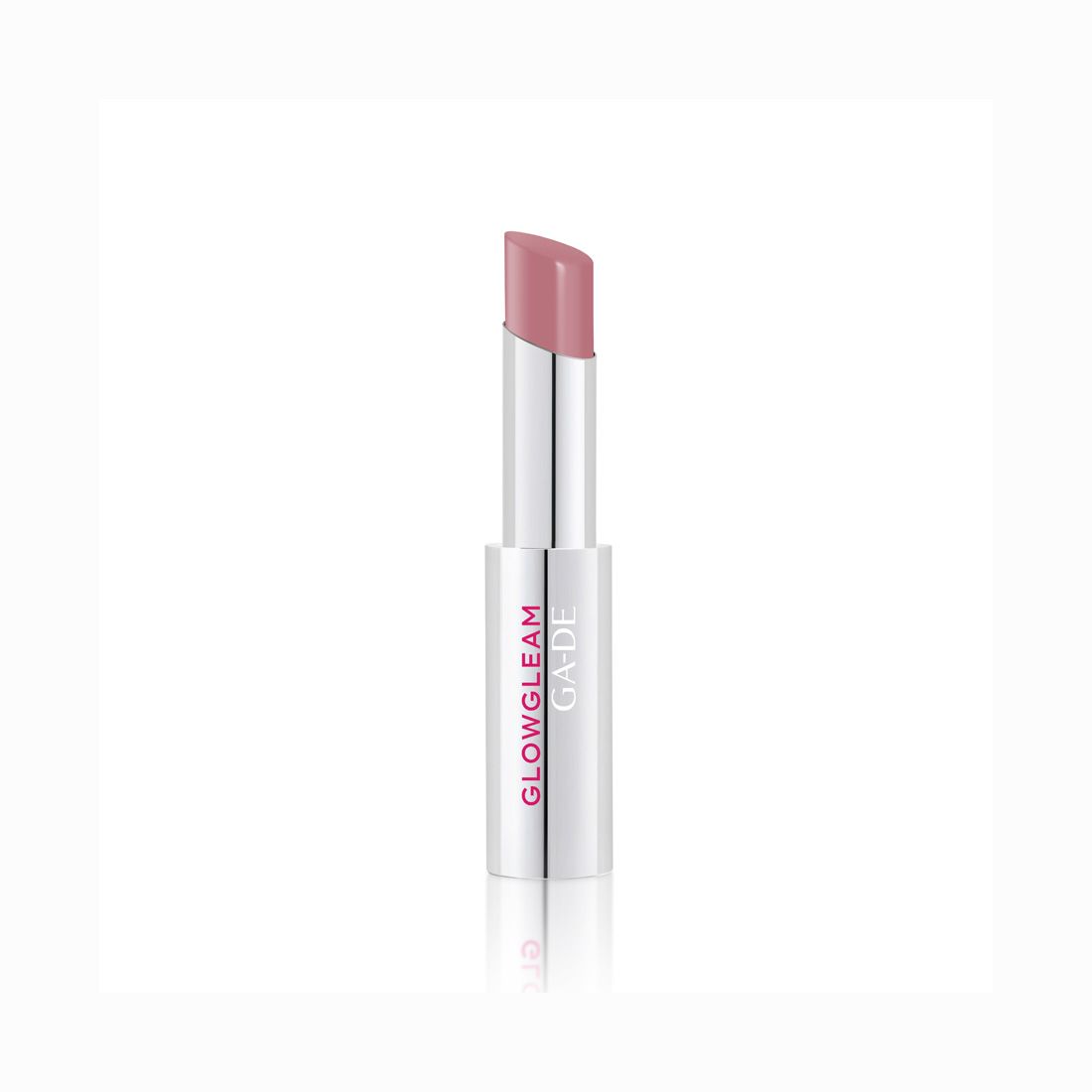 Offener Lippenstift mit silberner Hülle und rosa Lippenstiftfarbe. Rosa Schriftzug 'GLOWGLEAM GA-DE'.